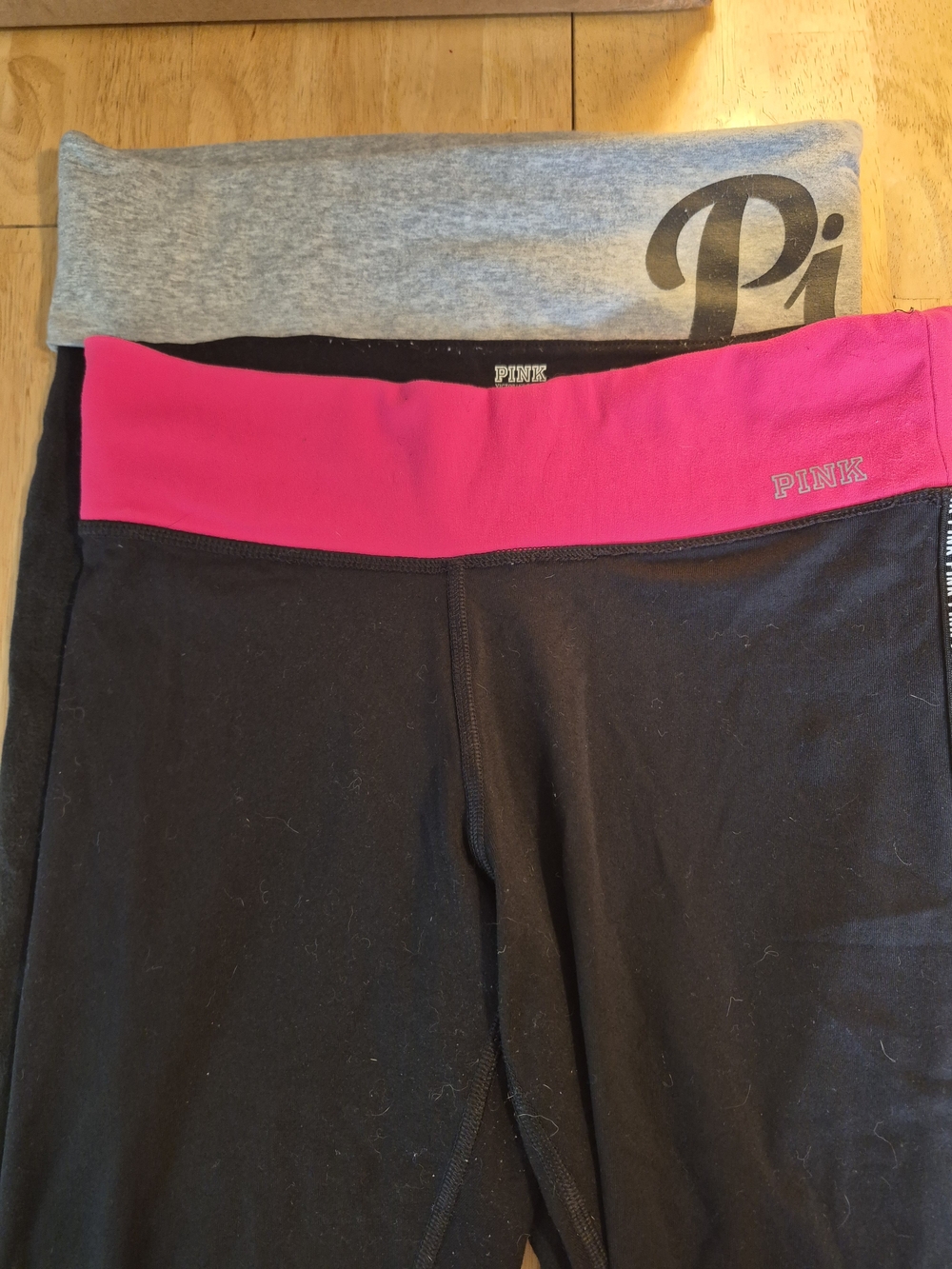 PINK Fold-Over Waistband Yoga Leggings in Black with Hot Pink Detail (2 Pairs)